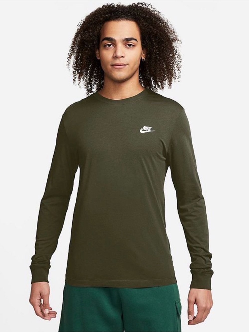 Nike Olive Green Long Sleeve Crew with White Swoosh Club Tee